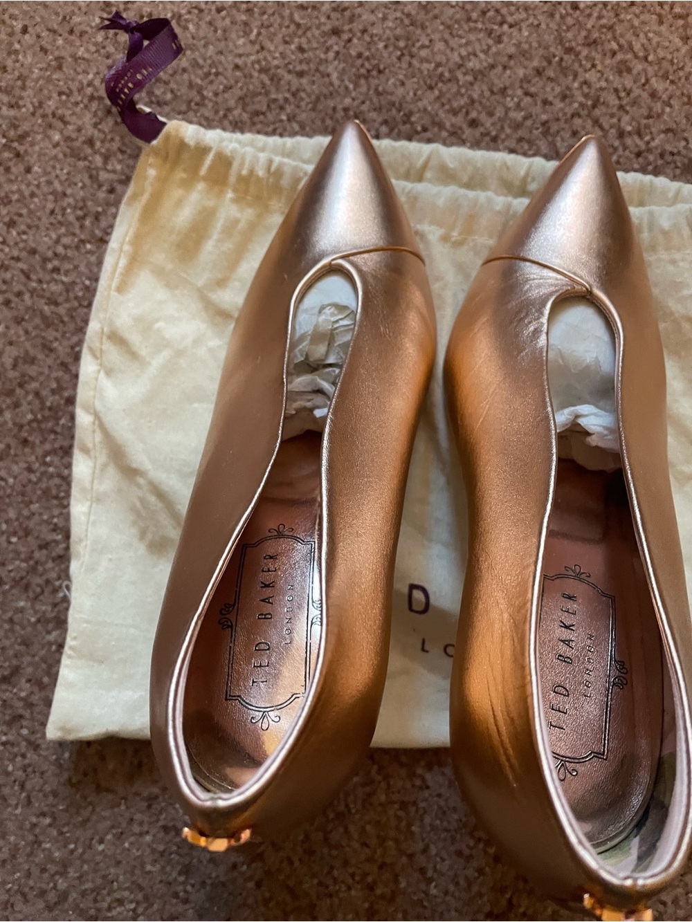Ted Baker Metallic Rose Gold Pointed Ballet Flats